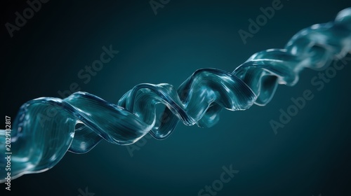 Cinematic close-up of an organic polymer molecular ribbon with deep teal hues