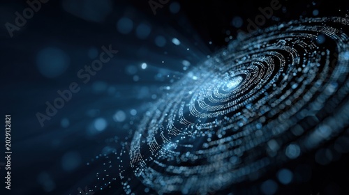Blockchain authenticity verification seal with abstract blue light particles concept