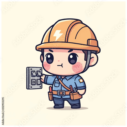 Cartoon electrician holding electrical panel.