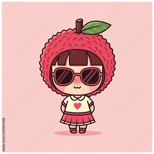 Cartoon girl wearing fruit hat.