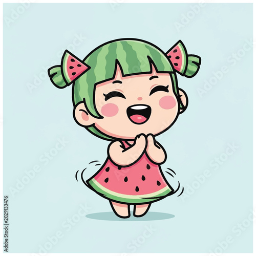 Cartoon girl in watermelon dress smiling.
