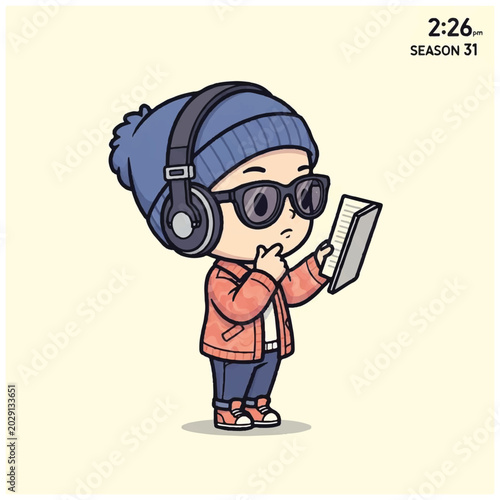 Cartoon kid wearing headphones and glasses.