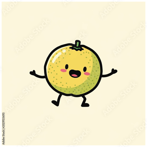 Cartoon lemon character with smile.