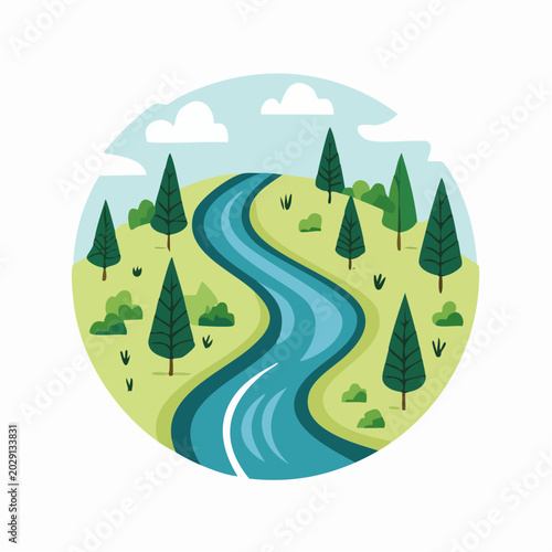 Stylized illustration of a winding river through a green landscape with trees and clouds