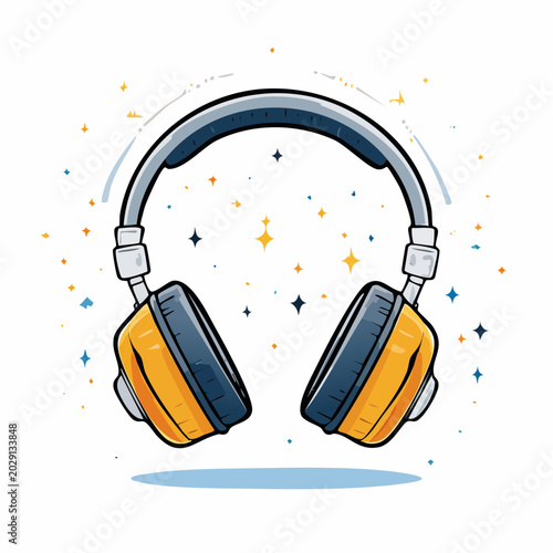 Stylized illustration of yellow and blue headphones with sparkling stars
