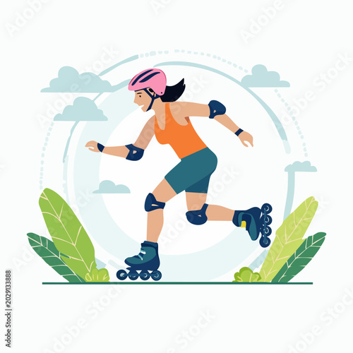 Woman Rollerblading Outdoors with Protective Gear