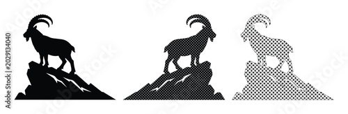 Mountain goat silhouette vector set, ibex standing on rocky peak, wild alpine animal icons for outdoor adventure and nature logos