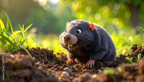 A small mole standing on dirt and grass.