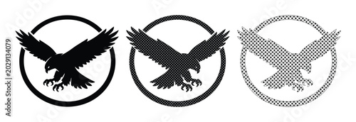 Bild auf Leinwand Eagle silhouette logo set with 3 vector icons, majestic hawk flying in circle fr