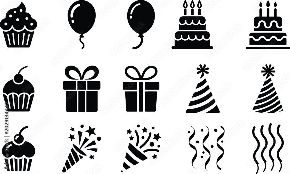 Naklejka premium Birthday party icon set with silhouette of cake cupcake balloon gift box hat confetti and popper on white background