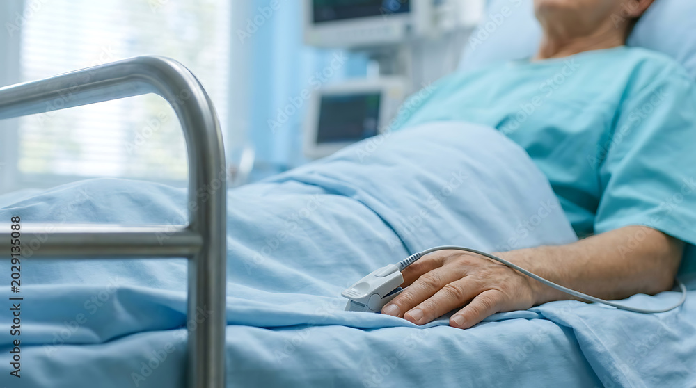 Obraz premium Patient lying in a hospital bed with a pulse oximeter on their finger for monitoring vital signs in a clinical setting.