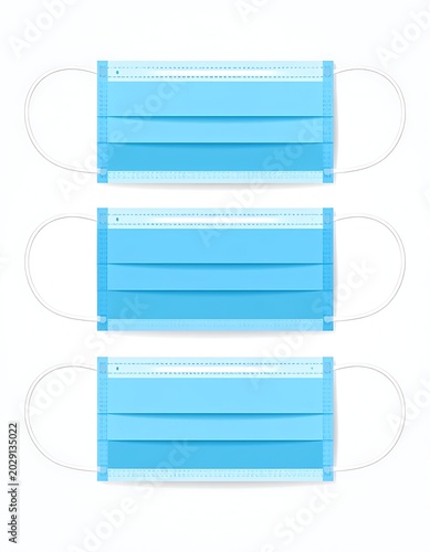 Three blue surgical masks on a white background