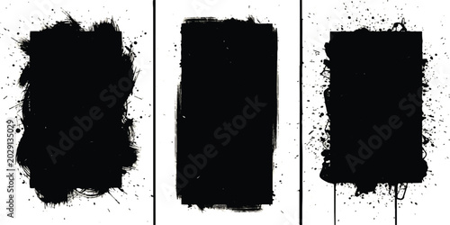 Foto Set of three black grunge ink brush stroke frames with paint splatter texture