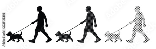 Photos Black silhouette man walking dog vector set, male pet owner with terrier on leas