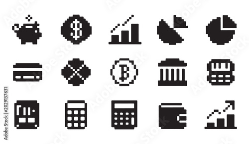 Foto Pixelated financial icons set including money graphs and payment tools
