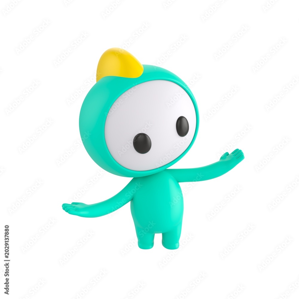 Fototapeta premium Cute 3D render LIttle Bot character thinking and comparing options with both hands open, thoughtful and curious mascot style, isolated on white background.