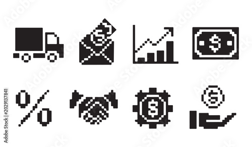 Pixel art finance icons set. eight bit business signs collection, money and delivery symbols.