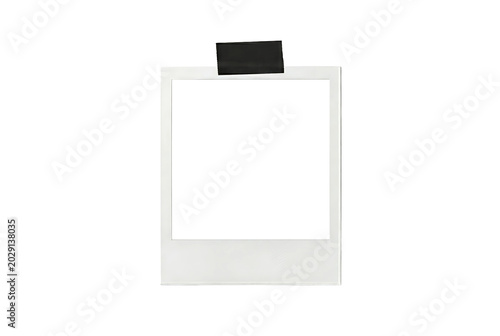 White vertical polaroid frame attached with tape on clean background isolated on transparent PNG mockup template design