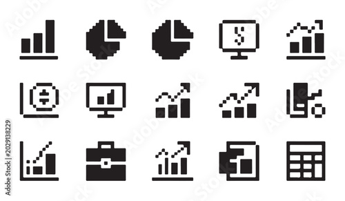 Billede på lærred Collection of pixel graphics for financial analysis and business performance with charts