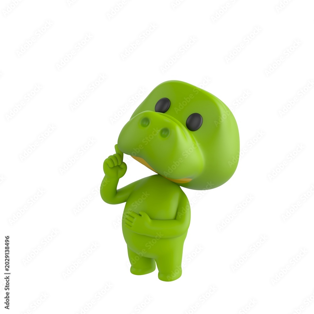 Obraz premium Cute 3D render Crocodile character standing and thinking deeply, hand on chin in a thoughtful pose, calm and reflective mascot style, isolated on white background.