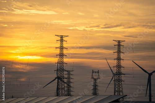 Sunset Over Renewable Energy Power Transmission Hub