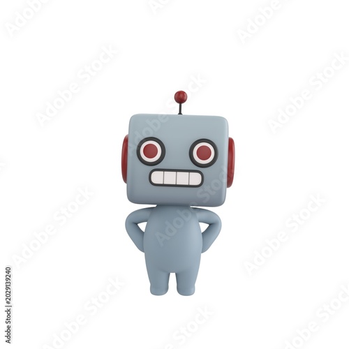 Fotografía Cute 3D render Robot character standing with hands on hips, confident and assertive mascot style, isolated on white background for leadership, attitude, and digital design