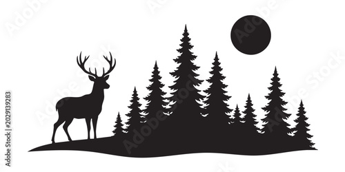 Canvas Print Black Silhouette Scene of Deer, Pine Forest and Full Moon Landscape