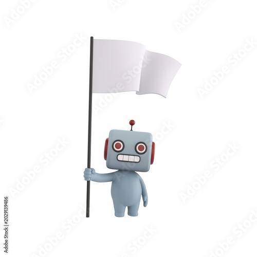 Quadro em tela Cute 3D render Robot character standing and holding a white flag, neutral and symbolic pose, isolated on white background