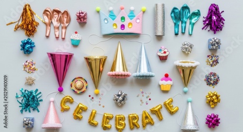 Party supplies and decorations with celebrate gold balloon banner on grey background