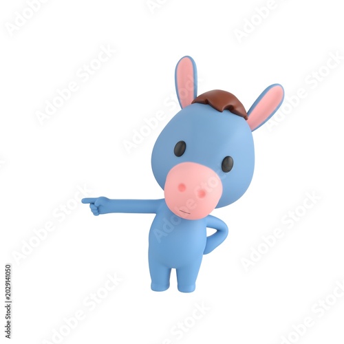 Cute 3D render Donkey character pointing to the side with one hand while the other rests on the hip, confident and instructive pose, isolated on white background.