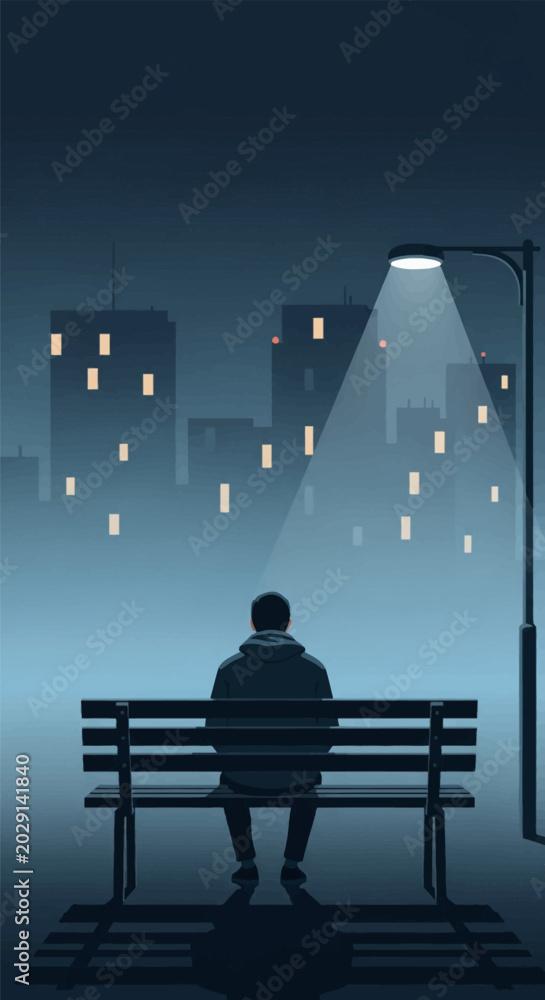 Fototapeta premium Minimalist vector illustration of a man seen from behind sitting alone on a wooden bench under a streetlight at night, overlooking a foggy city skyline with glowing windows.