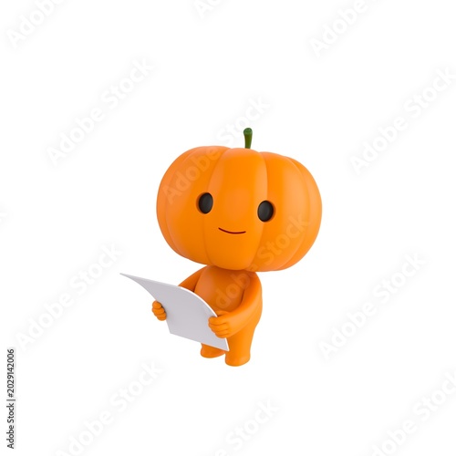 Cute 3D render Pumpkin character standing and holding a sheet of paper, looking up toward the camera with an attentive and thoughtful expression, isolated on white background.