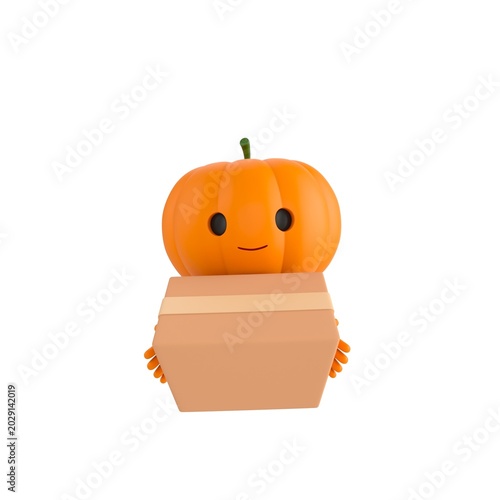 Cute 3D render Pumpkin character standing and holding out a delivery box, offering a package with a friendly and helpful pose, isolated on white background.