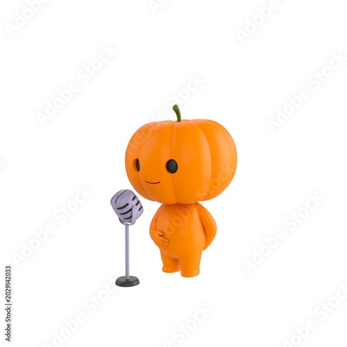 Cute 3D render Pumpkin character standing and speaking into a microphone, confident presentation pose, isolated on white background.