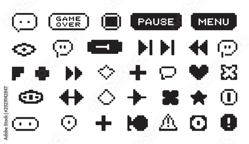 Pixel art interface button set for game development and retro style user interface design.