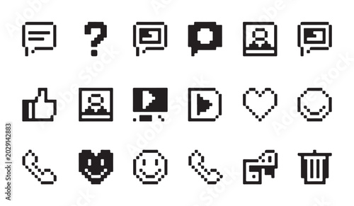 Photos Set of pixel art icons for social media and communication design in retro computer style