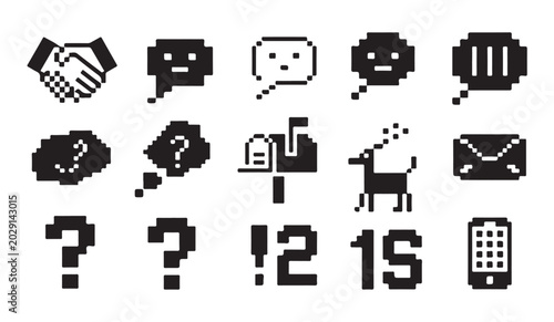 Pixel art icon set with handshake speech bubbles question mark mailbox deer phone.