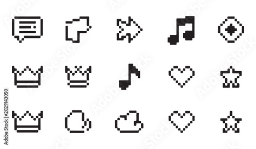 Pixel art icon set including message crowns arrows music notes heart and star.
