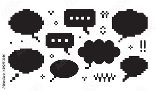 Pixel speech bubble set in black and white for digital communication.