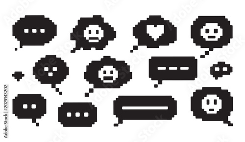 Retro speech bubble collection with pixelated characters and varied communication shapes.