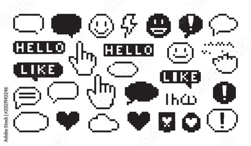 Pixel art vector set collection chat bubbles hello like and happy face icons.