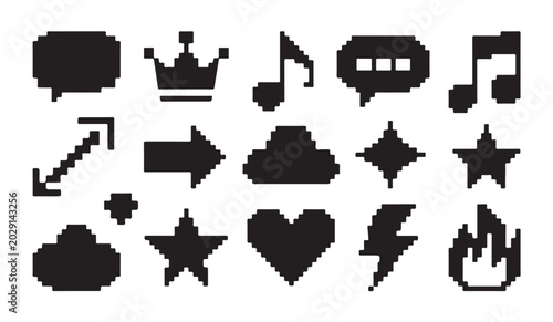 Pixel art icons for retro games and digital interface elements, bold black silhouette.