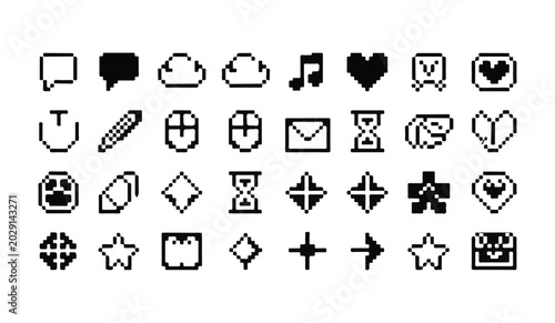 Monochrome pixel art icons for web design and applications, simple line art style.