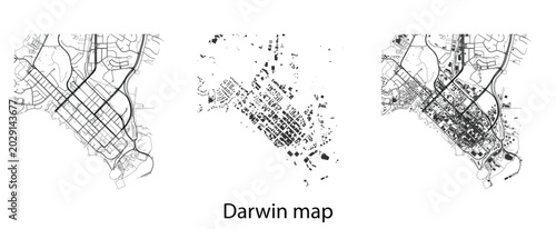 Photos Minimalist Darwin City Map Vector Set, Abstract Urban Plan with Roads, Building Footprints and Harbor Topology, Architectural Design Elements