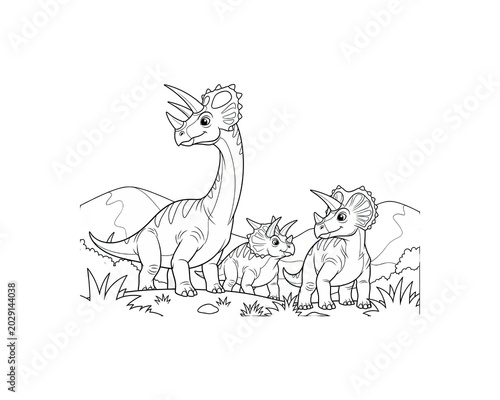 Triceratops dinosaur family with hills in coloring book style outline