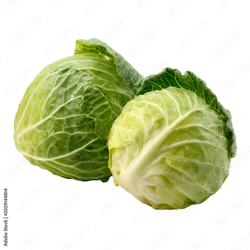 Fototapeta premium Fresh green cabbage heads with layered leaves on white background