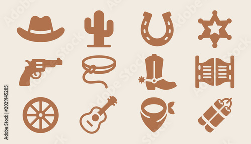 Quadro su tela Wild West flat vector icon set for cowboy themed graphic design and western bran