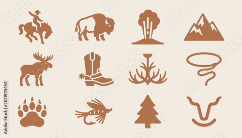 Schilderij op canvas Wyoming travel icons featuring wild animals and western culture symbols for natu