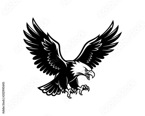 Powerful eagle in aggressive pose, black and white drawing, ideal for logos and branding