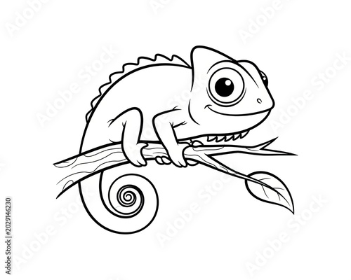 Cartoon outline of a chameleon on a branch, showing a colorful reptile on a tree limb